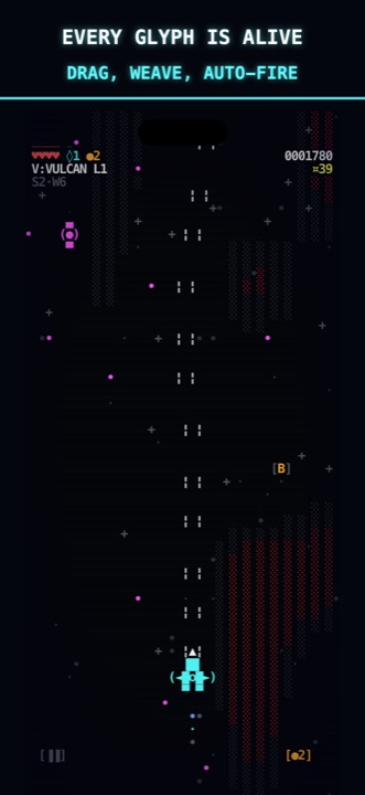 Glyph gunship climbing the terminal grid