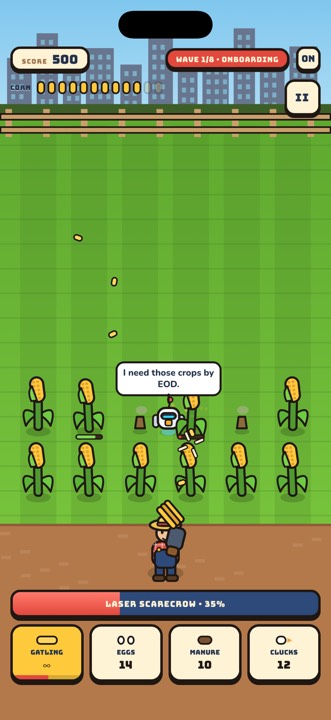 A robot demanding the crops by end of day during the onboarding wave
