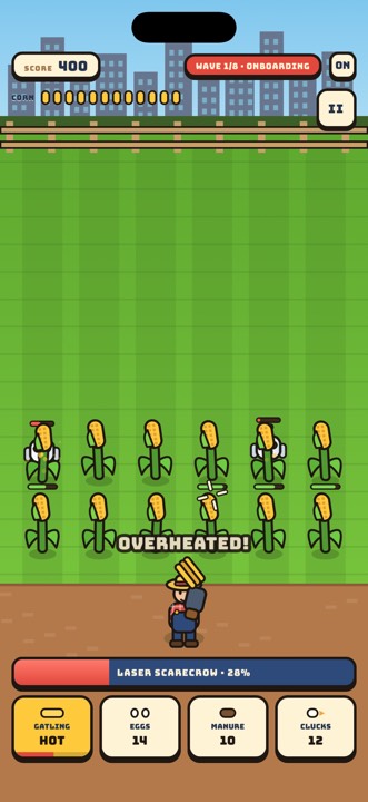 The corn gatling overheating while robots attack the field